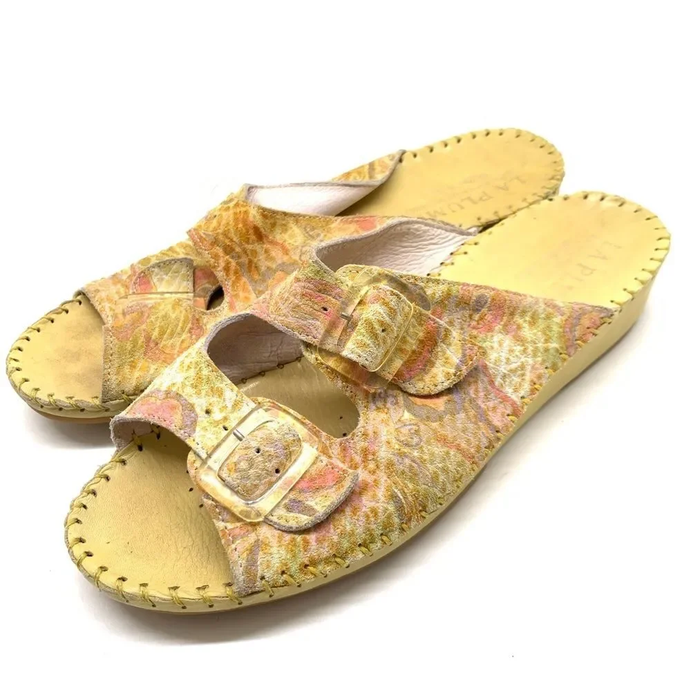 La Plume Floral Leather Yellow Slip on  Made in Italy Sandals Size 9 EUR 40 - Picture 8 of 13